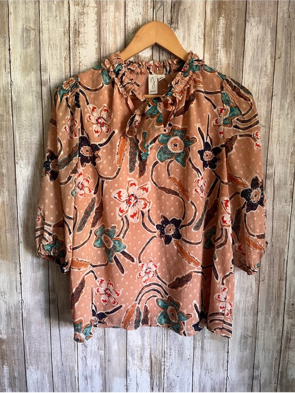 Joie Floral Ruffle Neck Tie Blouse Medium Peach Boho Swiss Dot Top - Picture 2 of 5